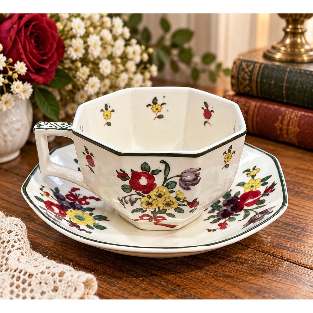 Royal Doulton Old Leeds Sprays Tea Cup and Saucer Set Octagonal Floral D3548
